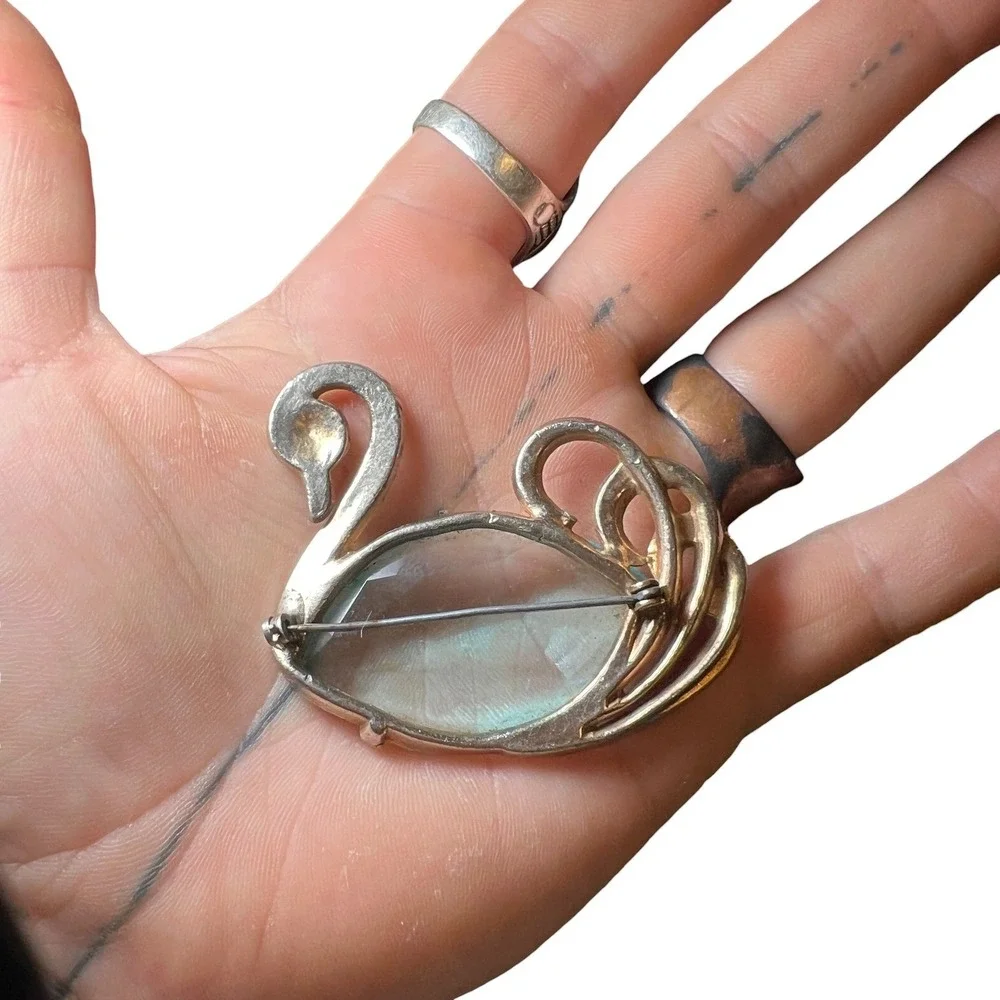 VTG Blue Glass‎ Swan Brooch Silver Blazer Lapel Pin Jewelry Animal Figural LARGE